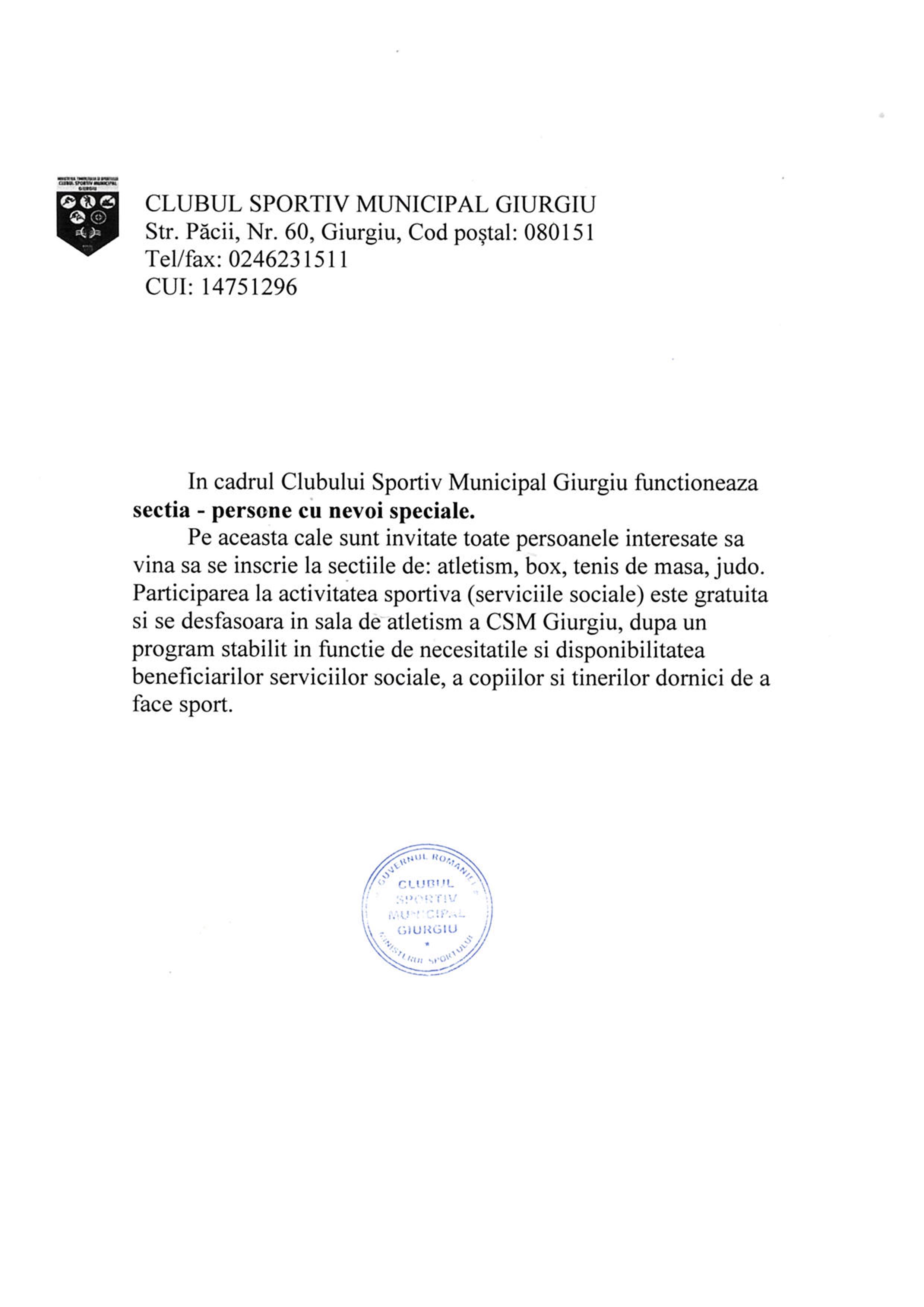 Persoane cu nevoi speciale – Clubul Sportiv Municipal Giurgiu